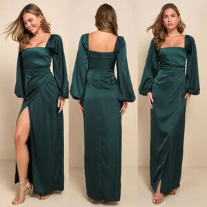 Lulus Eternal Heart Emerald Green Satin Long Sleeve Maxi Dress Wedding Party